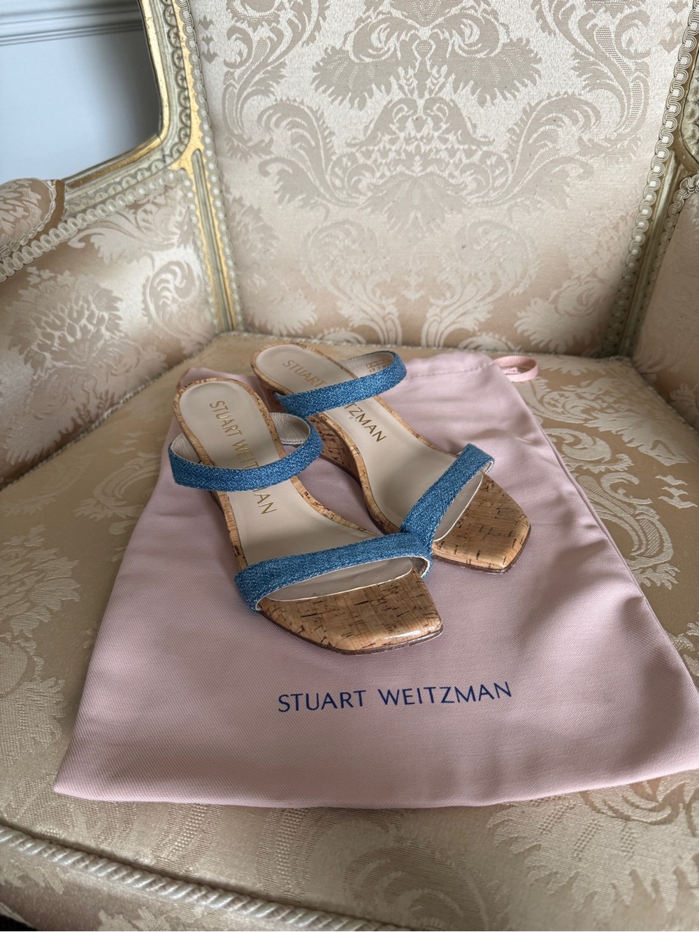 Stuart Weitzman Denim Blue Cork Block Heel Sandals